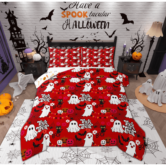 Feelyou Teen Trick or Treat Bedding Comforter Set, Halloween Spider Web Twin Comforter Sets, Horror Ghost Pumpkin Reversible Bedding Set, Luxury Bedroom Decor, 2pcs