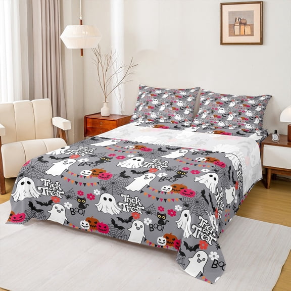 Feelyou Teen Trick or Treat Bed Sheets, Halloween Spider Web King Sheets, Horror Ghost Pumpkin Sheet Set, Microfiber Bedroom Decor, 4pcs