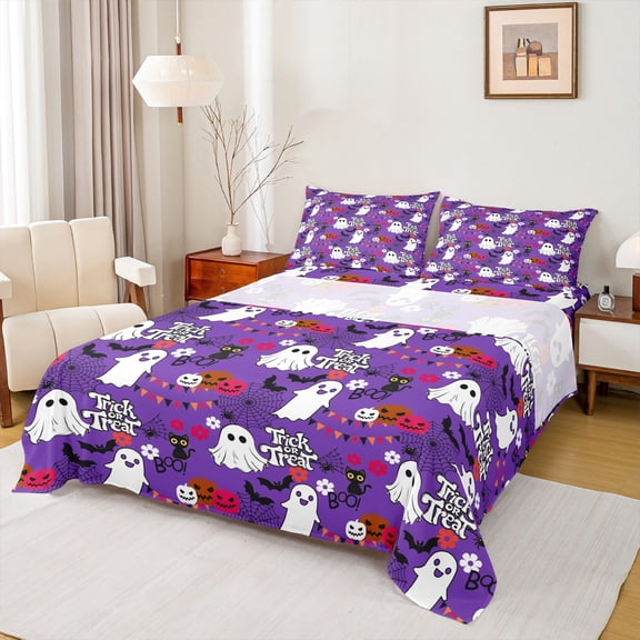 Feelyou Teen Trick or Treat Full Size Sheets, Halloween Spider Web Bed Sheets, Horror Ghost Pumpkin Sheet Sets, Luxury Bedroom Decor, 4pcs