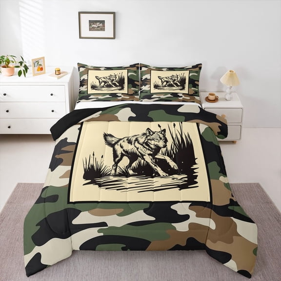 Feelyou Teen Woodland Wolf Twin Comforter Sets, Retro Western Camo Bedding Set, 2pcs