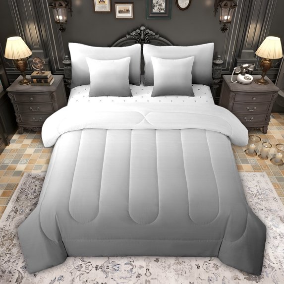 Feelyou Teens Abstract Ombre Bedding Comforter Set 7 Pieces, Chic Grey Gradient Full Bedding Set, Modern Fashion Style Reversible Fitted Sheet Flat Sheet, Super Cozy Room Decor