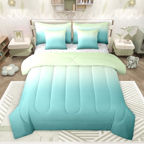 Feelyou Teens Abstract Ombre Bedding Comforter Set 7pcs, Cyan Green Gradient Queen Bedding Sets, Modern Fashion Style Reversible Queen Sheet Sets, Super Cozy Room Decor