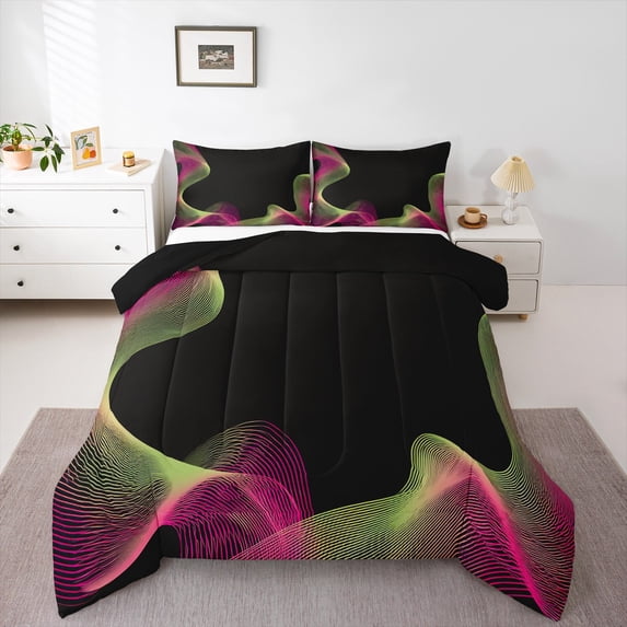 Feelyou Teens Abstract Ombre Full Size Comforter Sets, Green Pink Striped Bedding Comforter Set, Chic Modern Artwork Reversible Bedding Sets, Luxury Bedroom Decor, 3pcs