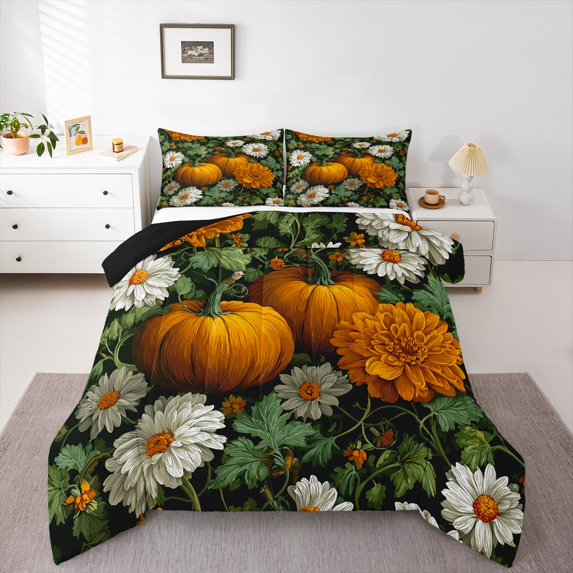Feelyou Teens Autumn Pumpkin Full Size Comforter Sets, Rustic Groovy Flower Bedding Comforter Set, Bohemian Hippie Style Reversible Bedding Sets, Lightweight Room Decor, 3pcs