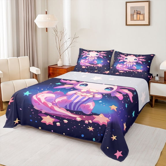 Feelyou Teens Axolotl Animal Bed Sheets, Starry Sky Stars King Sheets, 4-Piece