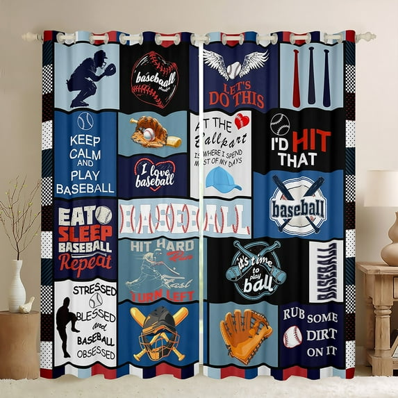 Feelyou Teens Baseball Player Black Out Curtains, Square Plaid Curtains Pack of 2 (42x63 Each), Cartoon Sport Theme Bedroom Curtains, Curtains and Drapes Room Decor