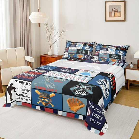 Feelyou Teens Baseball Player Twin Sheet Sets, Square Plaid Twin Fitted Sheet, Cartoon Sport Theme Flat Sheet, Super Cozy Room Decor, 3 Pieces