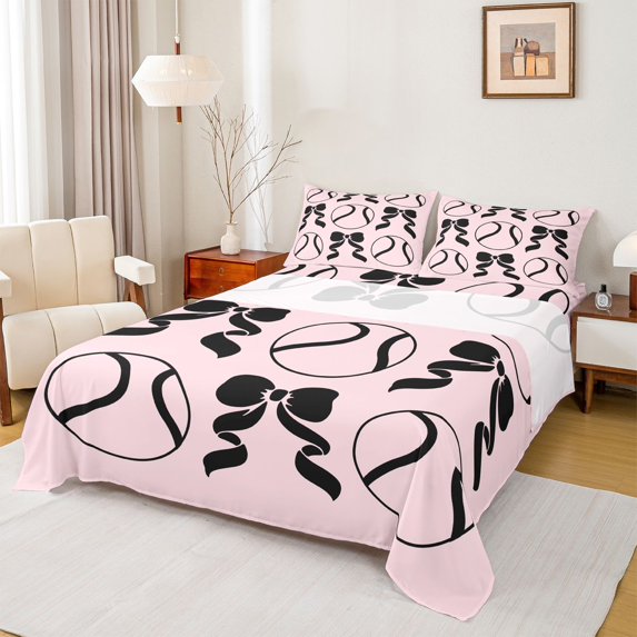 Feelyou Teens Baseball Sports Bed Sheets, Kawaii Pink Bowknot King Sheets, 4pcs
