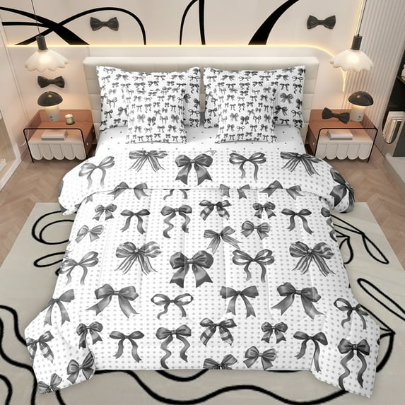 Feelyou Teens Black Bowknot Bedding Comforter Set 7 Pieces, Cycle Polkadot Abstract Full Bedding Set, Modern Fashion Ribbon Reversible Fitted Sheet Flat Sheet, Breathable Home Decor