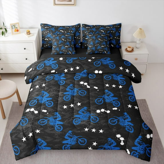 Feelyou Teens Blue Dirt Bike Bedding Comforter Set 7-Piece, Motorcycle Extreme Sport King Bedding Sets, Graffiti Watercolor Reversible Bed Sheets, Ultra Soft Home Decor
