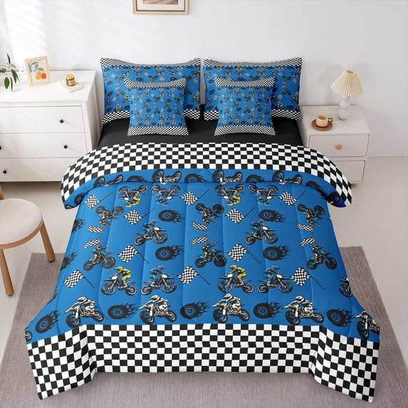 Feelyou Teens Blue Dirt Bike Bedding Comforter Set 7 Pieces, Motorcycle Extreme Sport Full Bedding Set, Black White Buffalo Reversible Fitted Sheet Flat Sheet, Microfiber Bedroom Decor