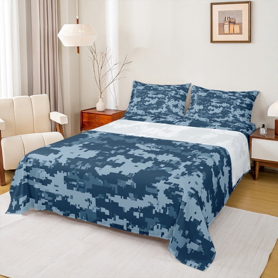 Feelyou Teens Camo Camouflage Full Size Sheets, Blue Abstract Square Bed Sheets, Vintage Fashion Style Sheet Sets, Super Cozy Room Decor, 4pcs
