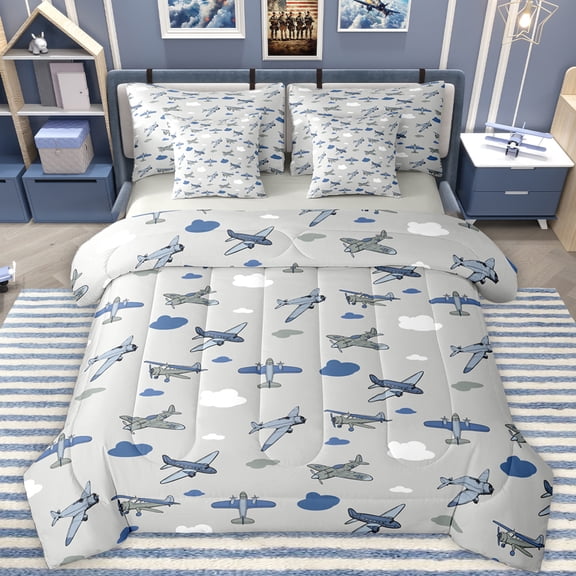 Feelyou Teens Cartoon Airplane Bedding Comforter Set 7 Pieces, Vehicle Plane Aircraft Full Bedding Set, Vintage Helicopter Reversible Fitted Sheet Flat Sheet, Breathable Home Decor