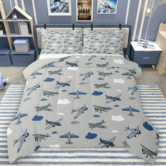 Feelyou Teens Cartoon Airplane Bedding Comforter Set, Vehicle Plane Aircraft Twin Comforter Sets, Vintage Helicopter Reversible Bedding Set, Breathable Home Decor, 2-Piece