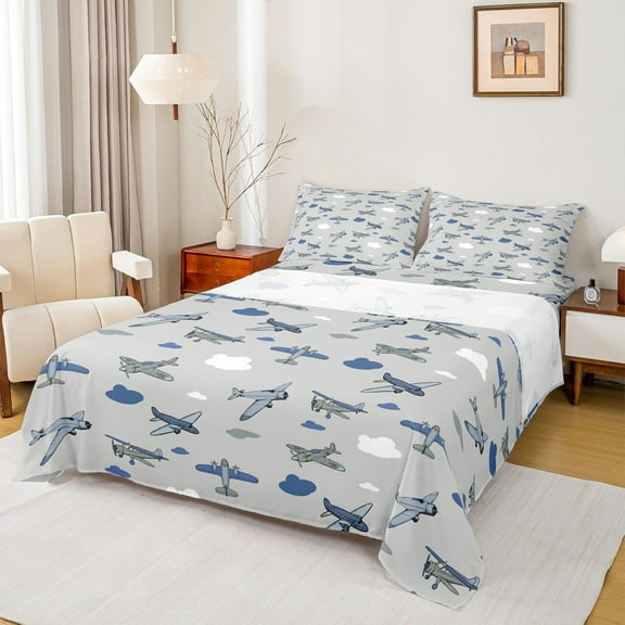 Feelyou Teens Cartoon Airplane Twin Sheet Sets, Vehicle Plane Aircraft Twin Fitted Sheet, Vintage Helicopter Flat Sheet, Breathable Home Decor, 3-Piece