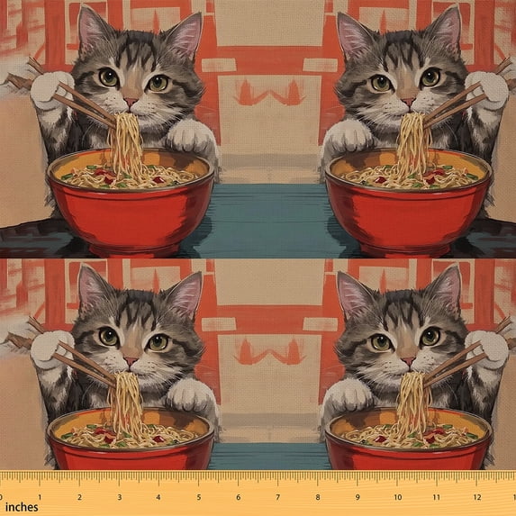Feelyou Teens Cartoon Animal Fabric by the Yard 2 Yards, Cute Cat Kitten Room Decor Fabric by the Yard, Japanese Ramen Fabric for Sewing, Breathable Home Decor