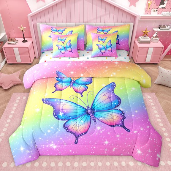 Feelyou Teens Cartoon Butterfly Bedding Comforter Set 7 Pieces, Cute Animal Lover Full Bedding Set, Dreamy Stars Starry Sky Reversible Fitted Sheet Flat Sheet, Breathable Home Decor