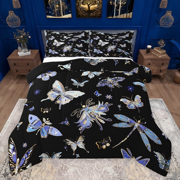 Feelyou Teens Cartoon Butterfly Full Size Comforter Sets, Blue Kawaii Dragonfly Bedding Comforter Set, Dreamy Animal Reversible Bedding Sets, Ultra Soft Bedroom Decor, 3pcs