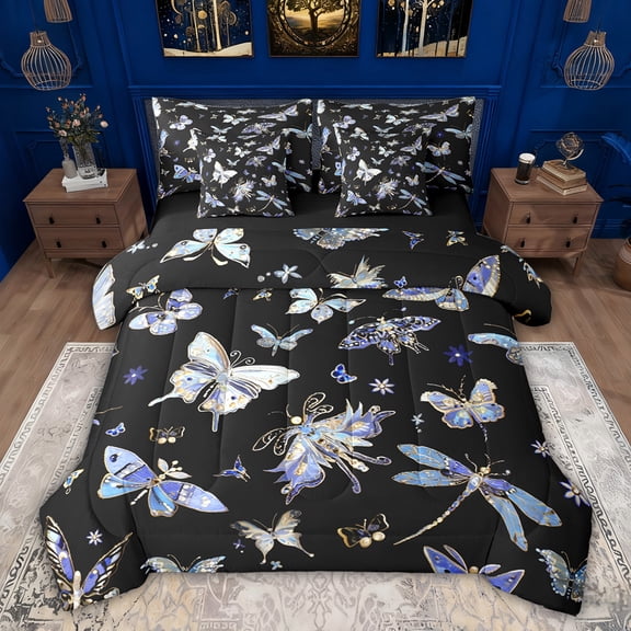 Feelyou Teens Cartoon Butterfly Twin Bedding Sets 7-Piece, Blue Kawaii Dragonfly Bedding Comforter Set, Dreamy Animal Reversible Sheet Sets, Ultra Soft Bedroom Decor