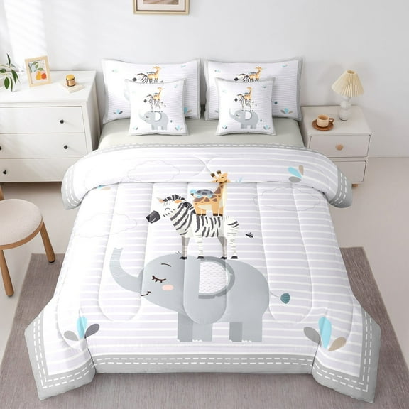 Feelyou Teens Cartoon Elephant Bedding Comforter Set 7 Pieces, Kawaii Zoo Animal Full Bedding Set, Grey Striped Geometric Reversible Fitted Sheet Flat Sheet, Luxury Bedroom Decor