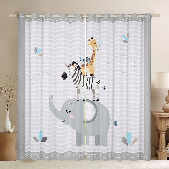 Feelyou Teens Cartoon Elephant Blackout Curtains Set of 2 (52x84 Each), Kawaii Zoo Animal Window Curtains, Grey Striped Geometric Curtains and Drapes, Living Room Curtains Decor