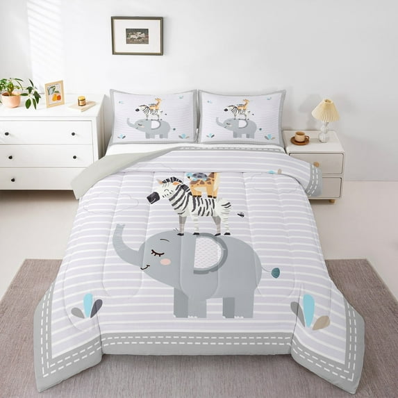 Feelyou Teens Cartoon Elephant Full Size Comforter Sets, Kawaii Zoo Animal Bedding Comforter Set, Grey Striped Geometric Reversible Bedding Sets, Luxury Bedroom Decor, 3 Pieces