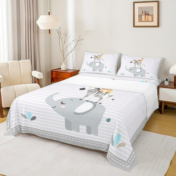 Feelyou Teens Cartoon Elephant Full Size Sheets, Kawaii Zoo Animal Bed Sheets, Grey Striped Geometric Sheet Sets, Luxury Bedroom Decor, 4 Pieces