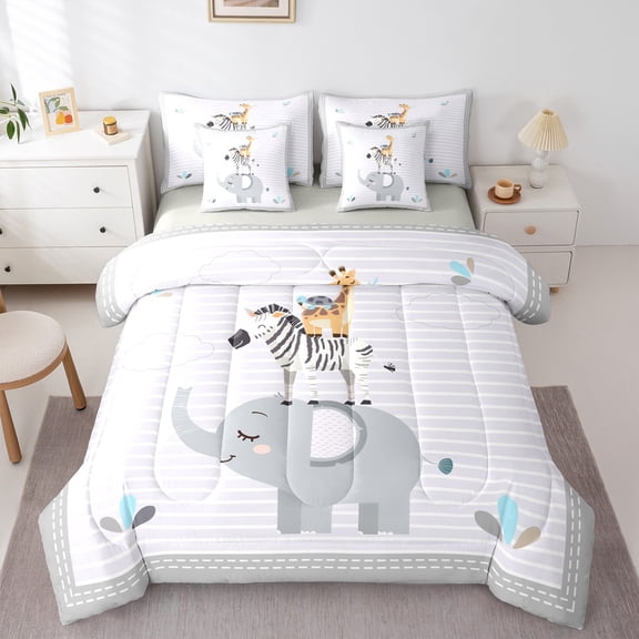 Feelyou Teens Cartoon Elephant Twin Bedding Sets 7-Piece, Kawaii Zoo Animal Bedding Comforter Set, Grey Striped Geometric Reversible Sheet Sets, Luxury Bedroom Decor