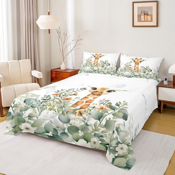Feelyou Teens Cartoon Giraffe Bed Sheets, Watercolor Leaf Plant King Sheets, Kawaii Animal Theme Sheet Set, Breathable Home Decor, 4pcs