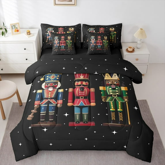 Feelyou Teens Cartoon Nutcracker Bedding Comforter Set 7pcs, Fairy Tale King Bedding Sets, Glitter Stars Print Reversible Bed Sheets, Super Cozy Room Decor, 3 Pieces