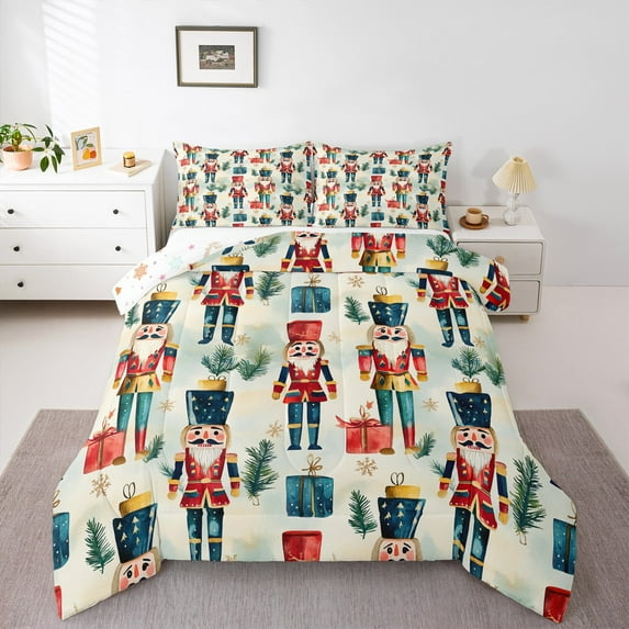 Feelyou Teens Cartoon Nutcracker Queen Comforter Set, Christmas Tree Gift Bedding Sets, Winter Snowflake Print Reversible Bedding Comforter Set, Ultra Soft Home Decor, 3pcs