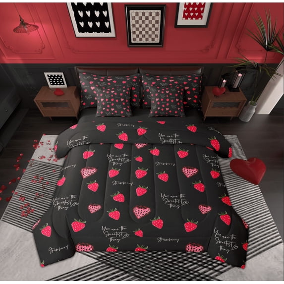 Feelyou Teens Cartoon Strawberry Bedding Comforter Set 7-Piece, Black Red King Bedding Sets, Romantic Princess Style Reversible Bed Sheets, Luxury Bedroom Decor