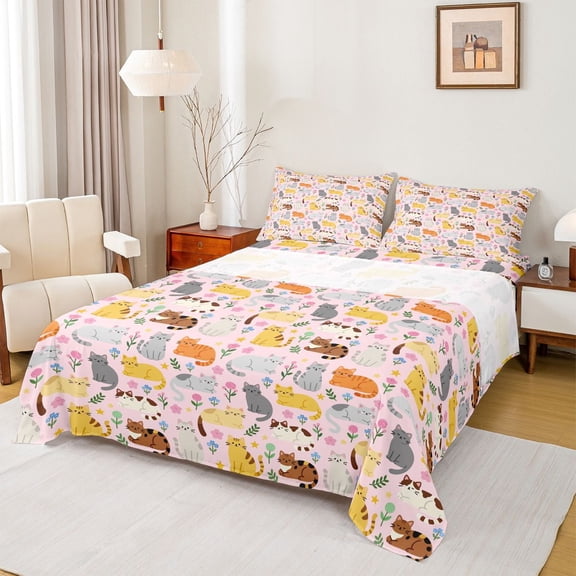 Feelyou Teens Cat Animal Full Size Sheets, Cute Kitten Style Bed Sheets, 4pcs
