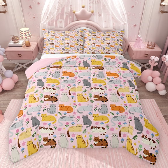 Feelyou Teens Cat Animal Twin Comforter Sets, Cute Kitten Bedding Set, 2pcs