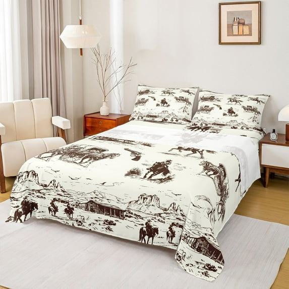 Feelyou Teens Cowgirl Cowboy Queen Sheet Sets, Rustic Horse Animal Flat Sheet, Southwestern Theme Queen Fitted Sheet, Breathable Home Decor, 4pcs