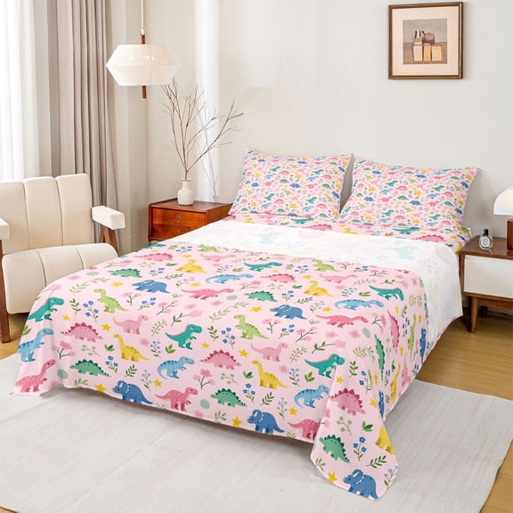 Feelyou Teens Dino Animal Twin Sheet Sets, Flower Tree Plant Bedding, 3pcs