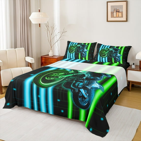 Feelyou Teens Dirt Bike Twin Sheet Sets, Red Blue Stripe Twin Fitted Sheet, Extreme Sport Flat Sheet, Boys Room Decor