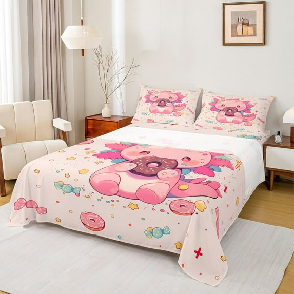 Feelyou Teens Donut Axolotl Queen Sheet Sets, Kawaii Animal Theme Bed Set, 4 Pieces