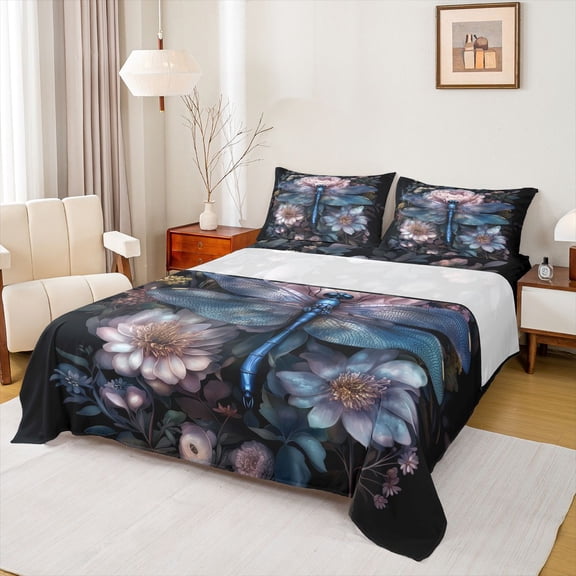 Feelyou Teens Dragonfly Animal Bed Sheets, Watercolor Flower King Sheets, 4pcs