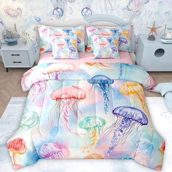 Feelyou Teens Dreamy Jellyfish Twin Bedding Sets 7-Piece, Kawaii Marine Animal Bedding Comforter Set, Blue Purple Watercolor Reversible Sheet Sets, Luxury Bedroom Decor