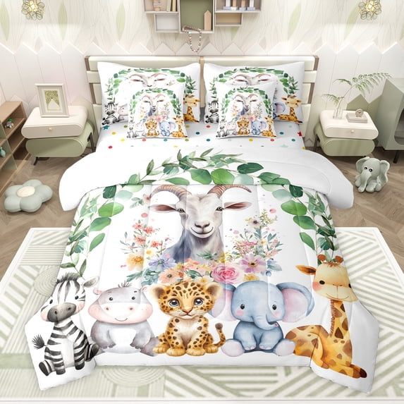 Feelyou Teens Farm Sheep Bedding Comforter Set 7 Pieces, Cartoon Zoo Animal Full Bedding Set, Kawaii Giraffe Zebra Reversible Fitted Sheet Flat Sheet, Lightweight Room Decor