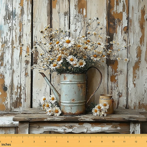 Feelyou Teens Farmhouse Floral Fabric by the Yard 1 Yard, Rustic Daisy Groovy Sewing Fabric, Old Barn Door Home Decor Fabric by the Yard, Ultra Soft Home Decor