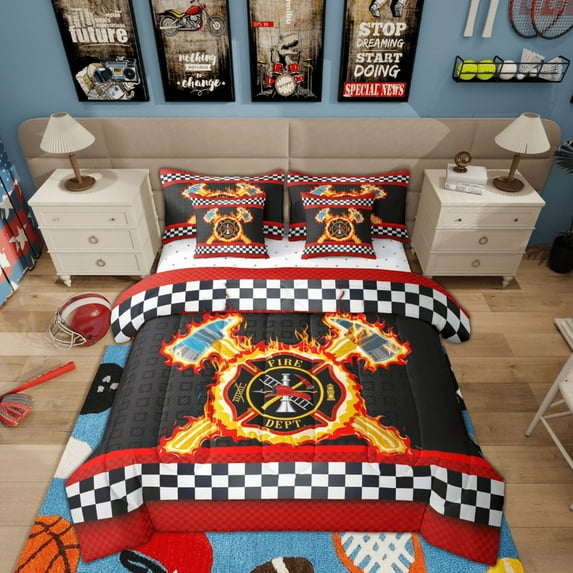 Feelyou Teens Firefighter Bedding Comforter Set 7pcs, Checkered Plaid Queen Bedding Sets, Realistic Flame Queen Sheet Sets, Luxury Bedroom Decor
