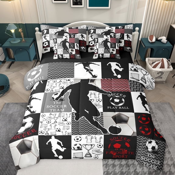 Feelyou Teens Football Athlete Bedding Comforter Set 7 Pieces, Modern Soccer Game Full Bedding Set, Fashion Patchwork Plaid Reversible Fitted Sheet Flat Sheet, Ultra Soft Bedroom Decor