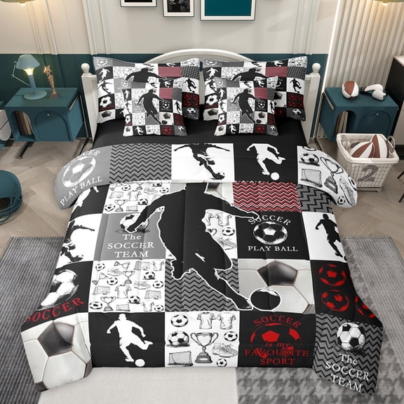 Feelyou Teens Football Athlete Bedding Comforter Set 7pcs, Modern Soccer Game King Bedding Sets, Fashion Patchwork Plaid Reversible Bed Sheets, Ultra Soft Bedroom Decor