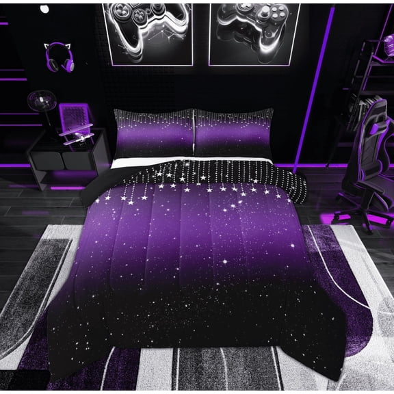 Feelyou Teens Glitter Galaxy Queen Comforter Set, Dreamy Mystic Stars Bedding Sets, Cartoon Theme Reversible Bedding Comforter Set, Breathable Home Decor, 3-Piece