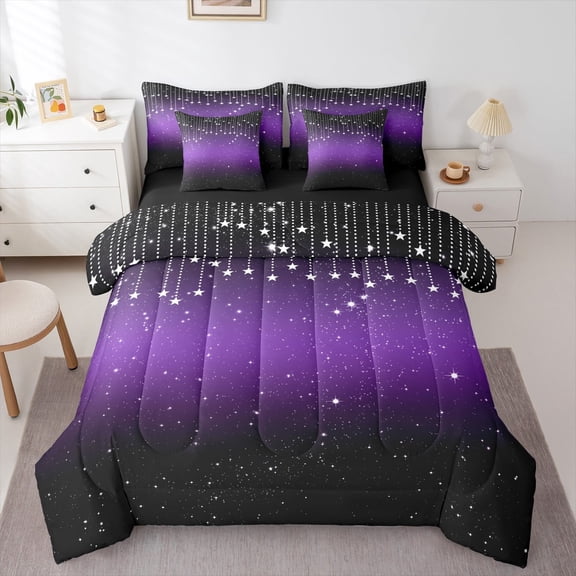 Feelyou Teens Glitter Galaxy Twin Bedding Sets 7-Piece, Dreamy Mystic Stars Bedding Comforter Set, Cartoon Theme Reversible Sheet Sets, Breathable Home Decor