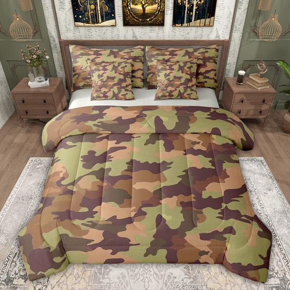 Feelyou Teens Green Camouflage Bedding Comforter Set 7pcs, Camo Abstract Ombre King Bedding Sets, Vintage Fashion Style Reversible Bed Sheets, Microfiber Bedroom Decor