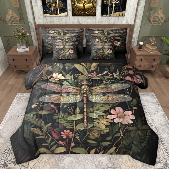 Feelyou Teens Hippie Dragonfly Twin Bedding Sets 7-Piece, Cartoon Tribal Animal Bedding Comforter Set, Rustic Leaf Plant Reversible Sheet Sets, Lightweight Room Decor
