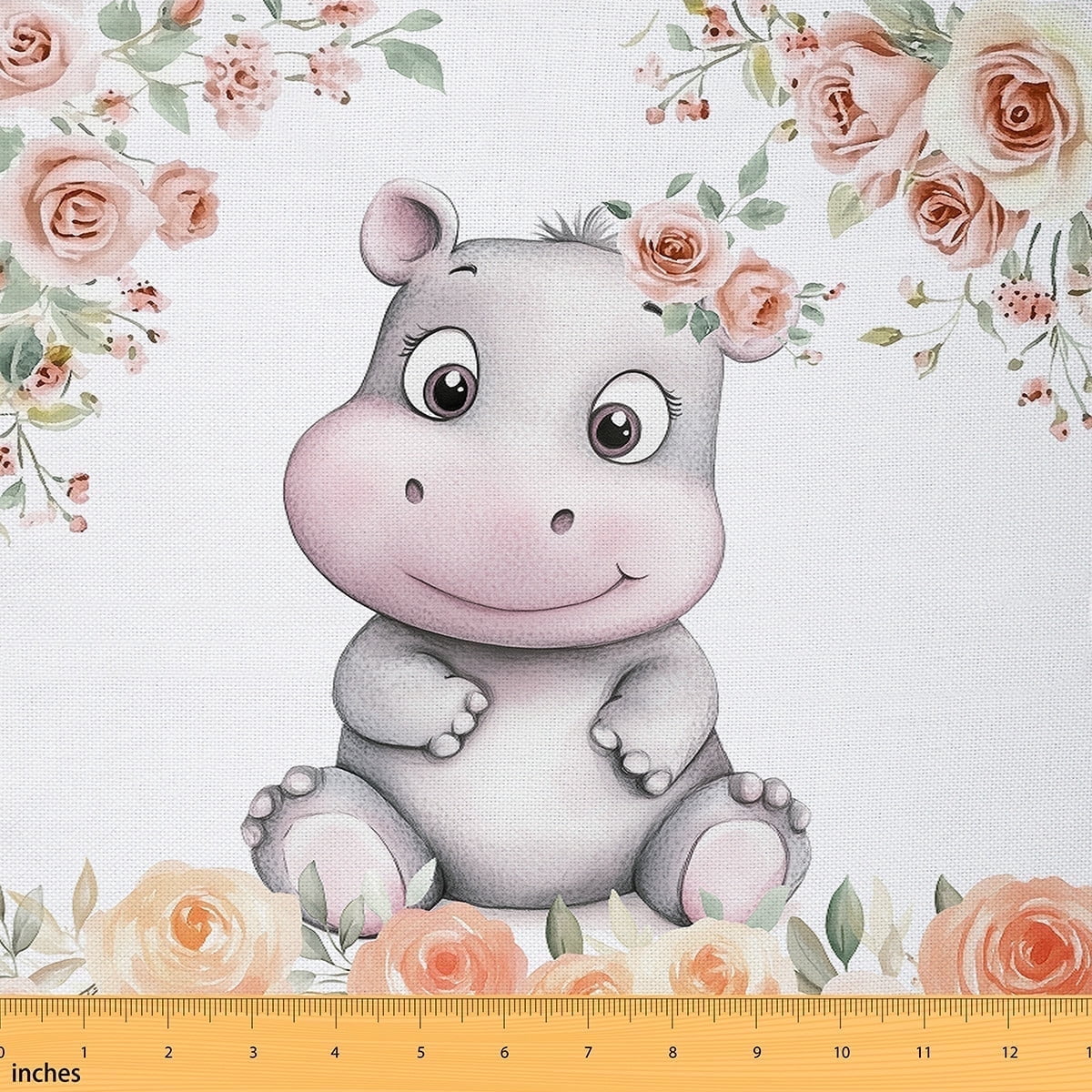 Feelyou Teens Hippo Fabric by the Yard 1 Yard, Farmhouse Rose Flower Room Decor Fabric by the Yard, Woodland Wildlife Fabric for Sewing, Luxury Bedroom Decor